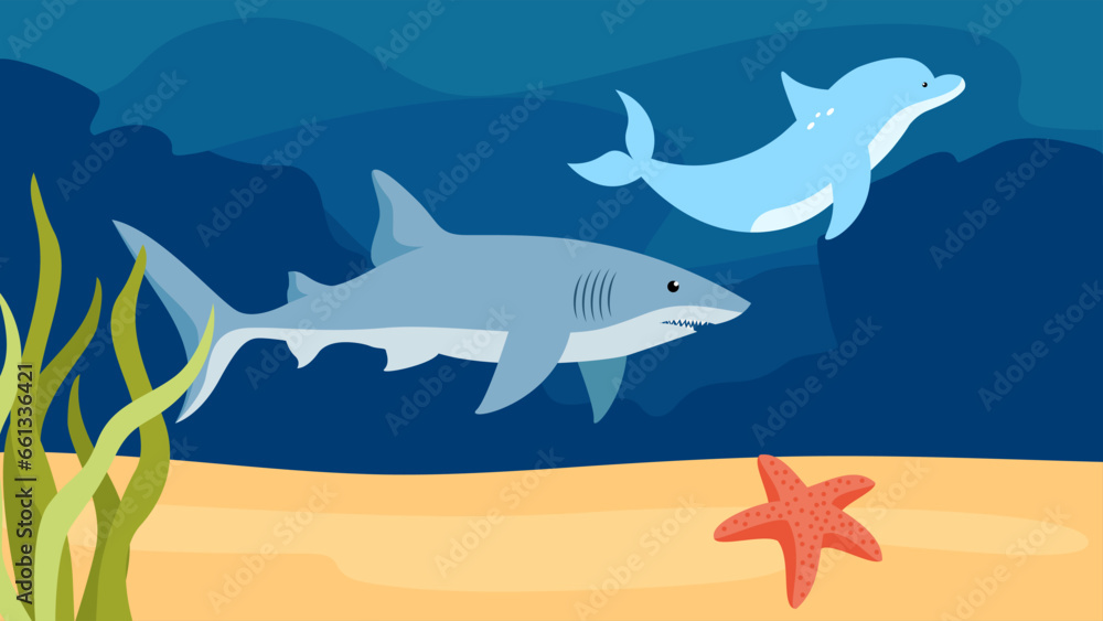 Obraz premium Underwater background with shark, dolphin, starfish and seaweed. Vector illustration.