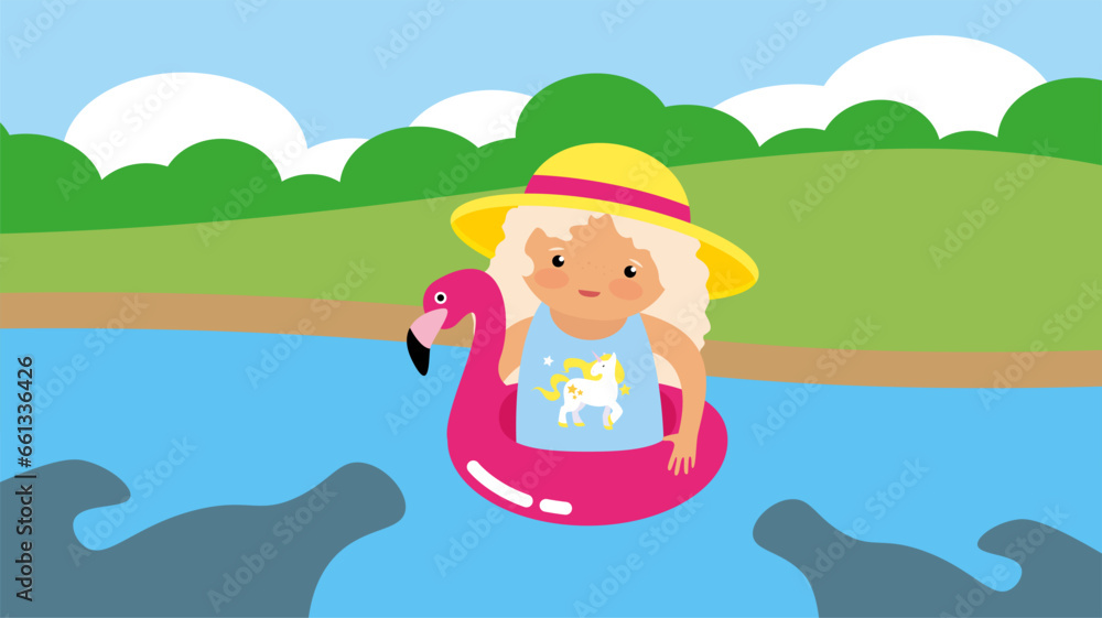 Girl on inflatable flamingo float in the river. Vector illustration