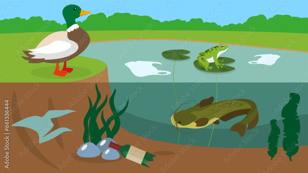 Vector illustration of a pond with a frog, a duck and a catfish.