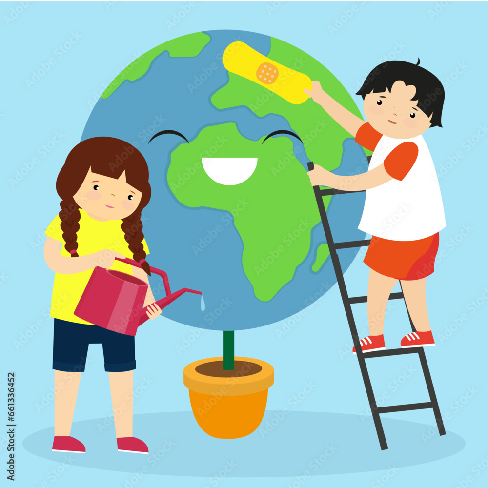 Children watering the planet with a watering can. Vector illustration in cartoon style Children watering the planet with a watering can. Vector illustration in cartoon style