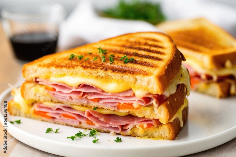 a ham and cheese toasted sandwich on a white plate a ham and cheese toasted sandwich on a white plate