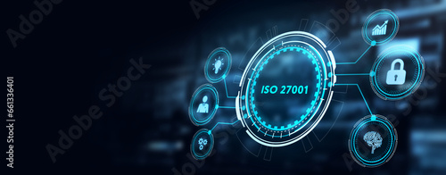 ISO 27001 Standard certification standardisation quality control concept on screen. 3d illustration