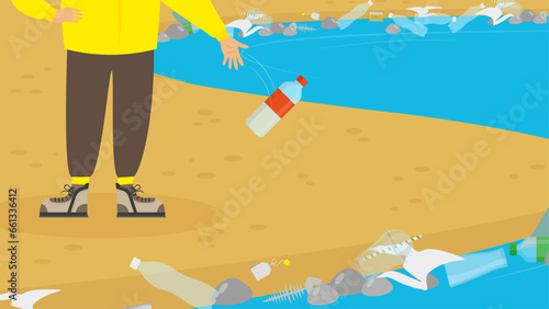 Volunteer collecting garbage on the beach. Vector flat illustration.