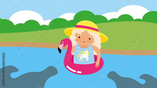 Girl on inflatable flamingo float in the river. Vector illustration