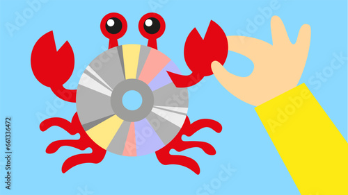 Crab applique with CD and human hand. Vector illustration in flat design style.