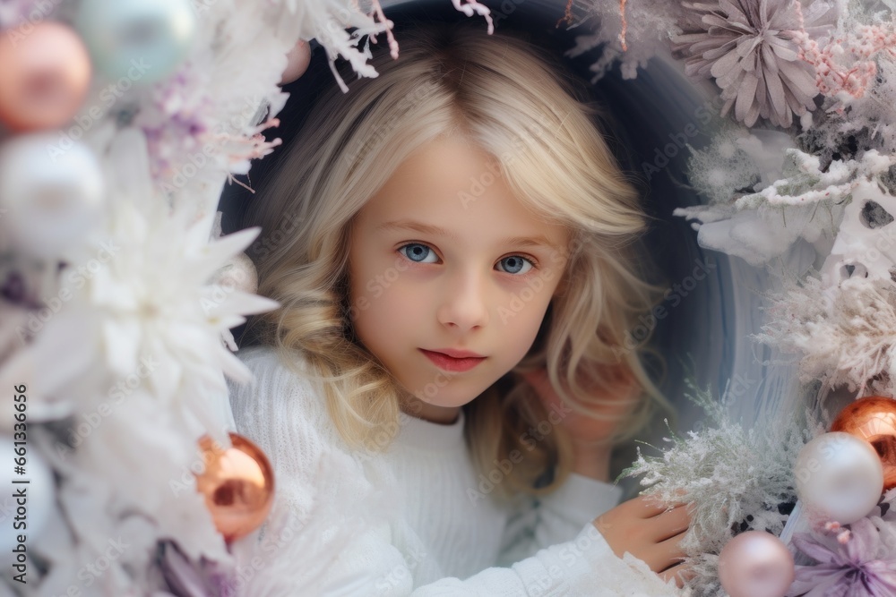 A beautiful young girl in a cozy white sweater, adorned with a delicate flower headpiece, stands in front of a festive christmas wreath, exuding innocence and joy in embellished winter clothing A beautiful young girl in a cozy white sweater, adorned with a delicate flower headpiece, stands in front of a festive christmas wreath, exuding innocence and joy in embellished winter clothing