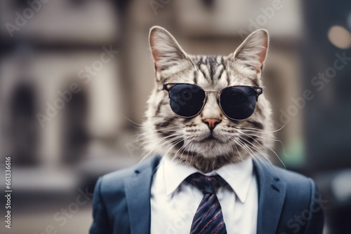 Il gatto, il peloso con cravatta e occhiali da sole photo