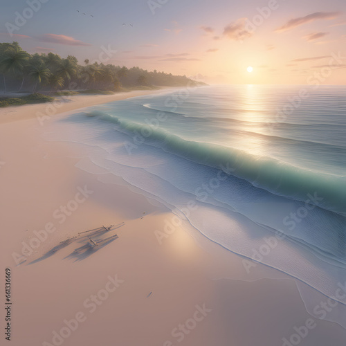 the serenity and tranquility of a secluded beach at sunrise