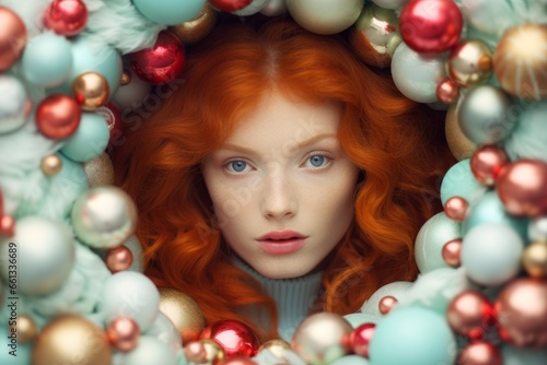 A stunning woman with fiery red locks is immersed in the festive spirit as she poses amidst a sea of sparkling christmas ornaments  adorned with a wreath  exuding a captivating and vibrant energy