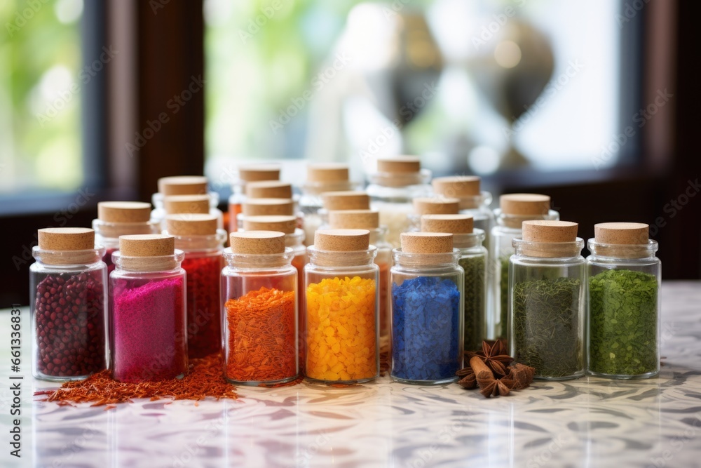 glass canisters filled with colorful spices
