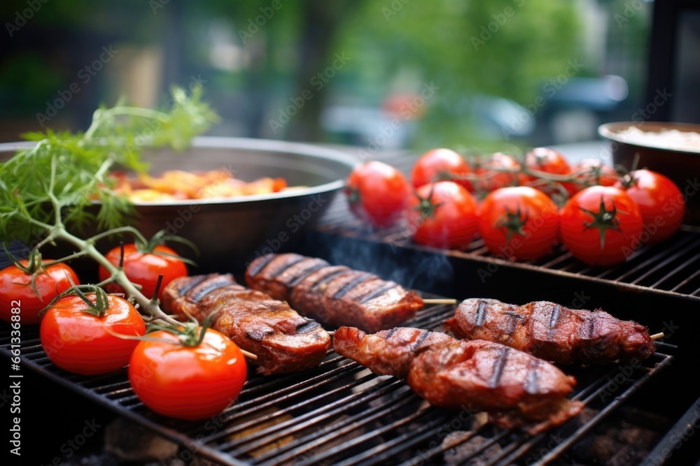 red tomatoes grilling on a backyard setup, with smoky atmosphere