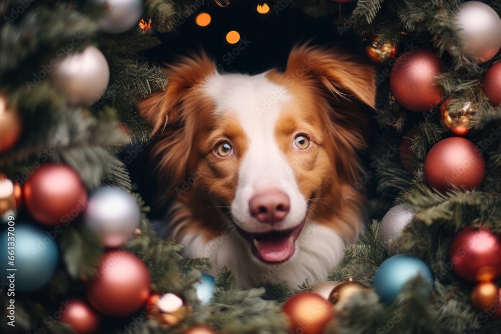 Obraz na płótnie Beautiful dog puppy looking through christmas wreath made of branches and colorful baubles and decorations. Copy space for text layout,  merry christmas or happy new 2024 year celebration.  w salonie