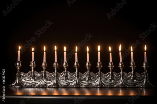 silver menorah with burning candles in a row photo