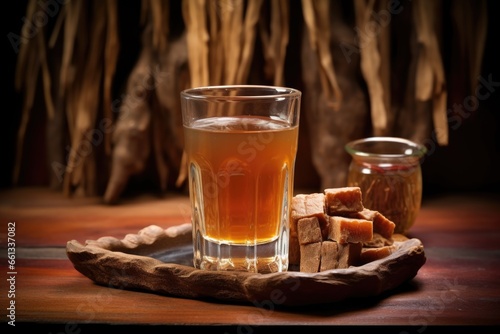 panakam jaggery based drink in glass with sandalwood backdrop