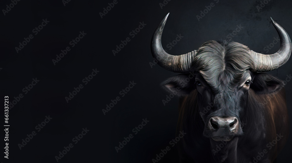 Front view of Buffalo on gray background. Wild animals banner with copy space Front view of Buffalo on gray background. Wild animals banner with copy space