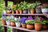a variety of perennials in containers on a wooden shelf