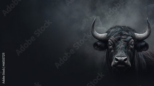 Front view of Buffalo on gray background. Wild animals banner with copy space