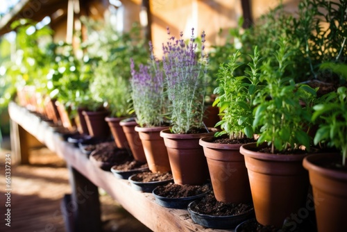 a row of medicinal plants in pots