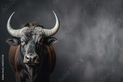 Front view of Buffalo on gray background. Wild animals banner with copy space