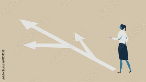 A woman who decides the direction. Her path is branched by multiple arrows.