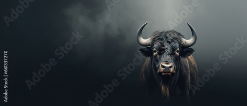 Front view of Buffalo on gray background. Wild animals banner with copy space © Uwe