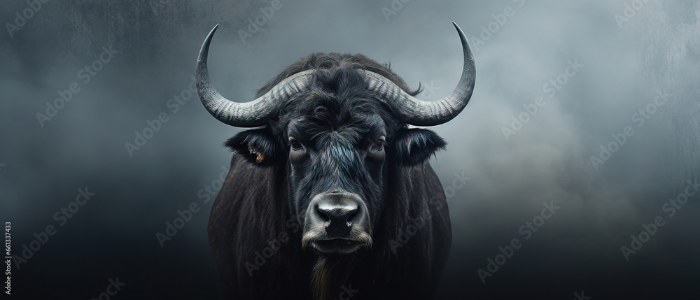 Front view of Buffalo on gray background. Wild animals banner with copy space Front view of Buffalo on gray background. Wild animals banner with copy space
