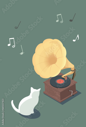 蓄音機と白猫のイラスト