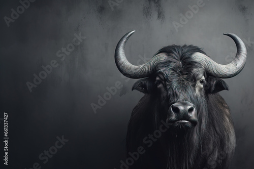 Front view of Buffalo on gray background. Wild animals banner with copy space