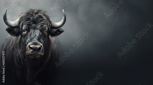 Front view of Buffalo on gray background. Wild animals banner with copy space