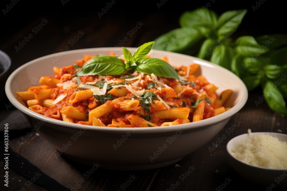 bowl of pasta with tomato sauce, basil, and cheese bowl of pasta with tomato sauce, basil, and cheese