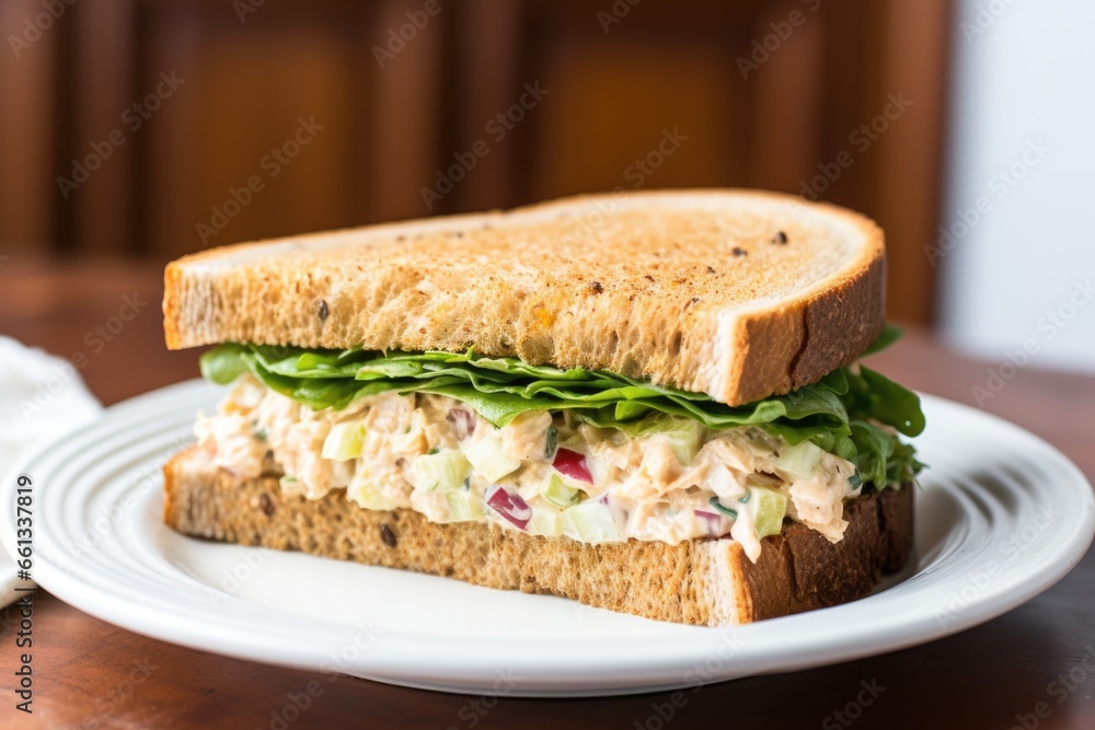 bite taken out of a tuna salad sandwich on a ceramic dish bite taken out of a tuna salad sandwich on a ceramic dish