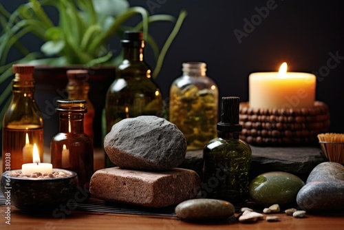 therapeutic stones, candles, and essential oils for wellness