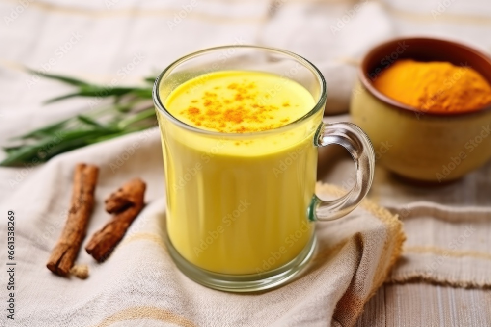 focus on turmeric latte in rustic cup on burlap tablecloth focus on turmeric latte in rustic cup on burlap tablecloth
