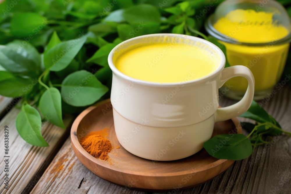 turmeric latte near potted green plant on wooden table turmeric latte near potted green plant on wooden table