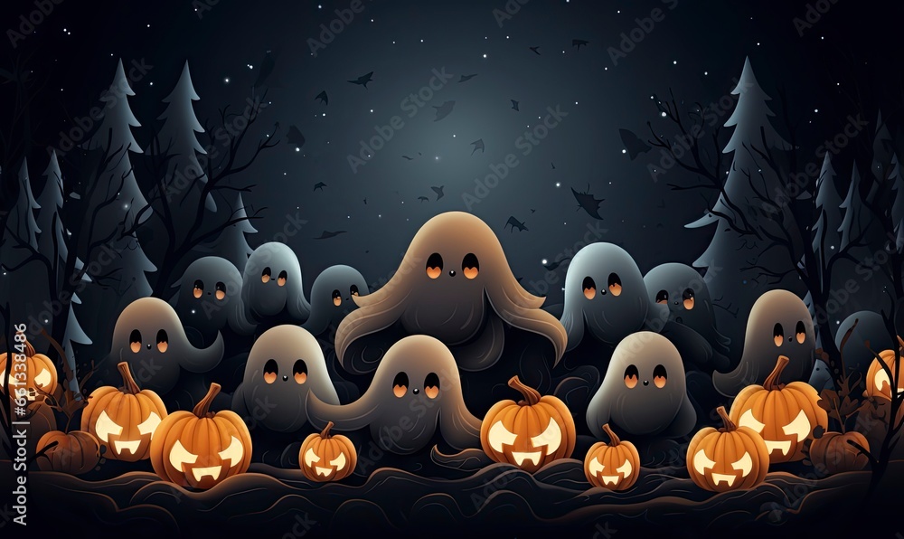 Fototapeta premium Halloween background with pumpkin and Cute Ghost, Wallpaper, Generative AI