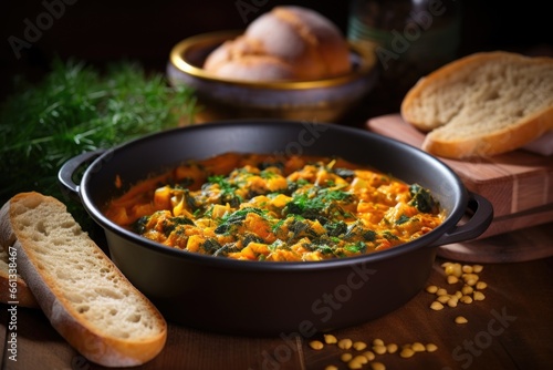 bowl of chickpea curry with bread