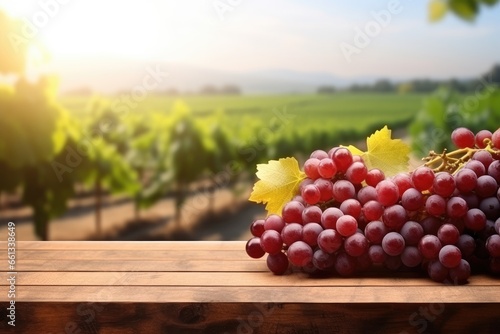 Wooden_table_with_fresh_red_grapes_and_free_space with vineyard background