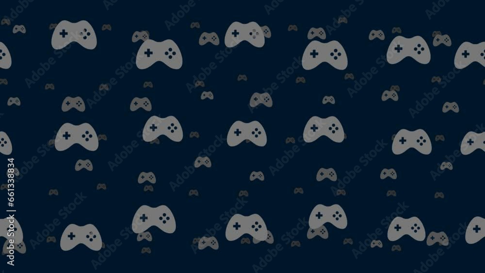 Joystick symbols float horizontally from left to right. Parallax fly effect. Floating symbols are located randomly. Seamless looped 4k animation on dark blue background Joystick symbols float horizontally from left to right. Parallax fly effect. Floating symbols are located randomly. Seamless looped 4k animation on dark blue background