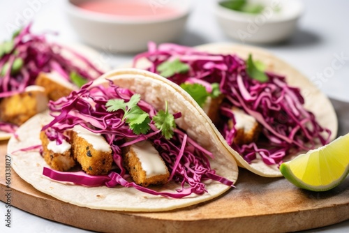 vegan fish tacos with breaded tofu and slaw on a marble surface