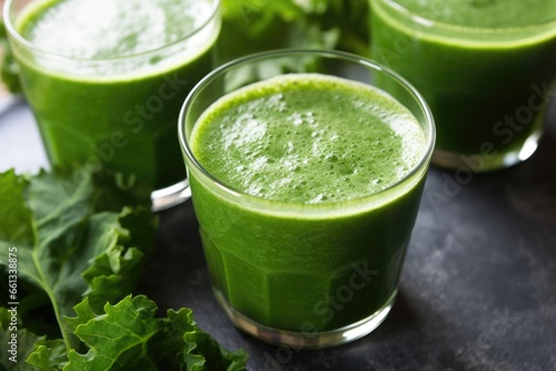 close up of freshly pressed kale juice with whole kale leaves
