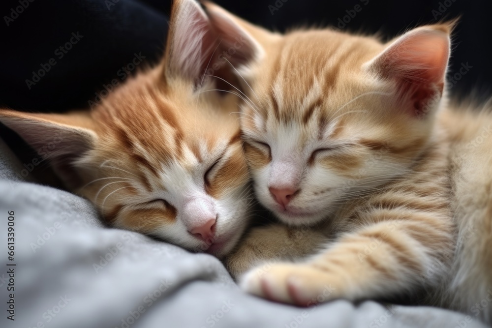 two kittens cuddling together while asleep