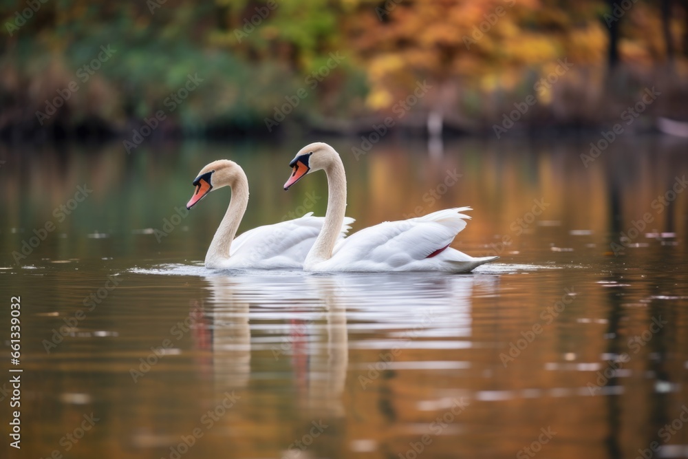 two adult swans floating together on a peaceful pond two adult swans floating together on a peaceful pond