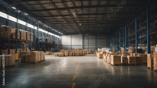 Warehouse interior with rows of shelves and pallets. Industrial background