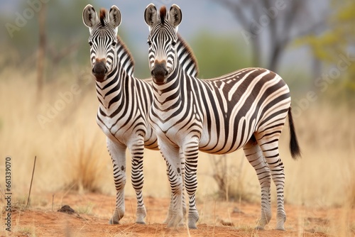 pair of zebras standing side by side in a savannah