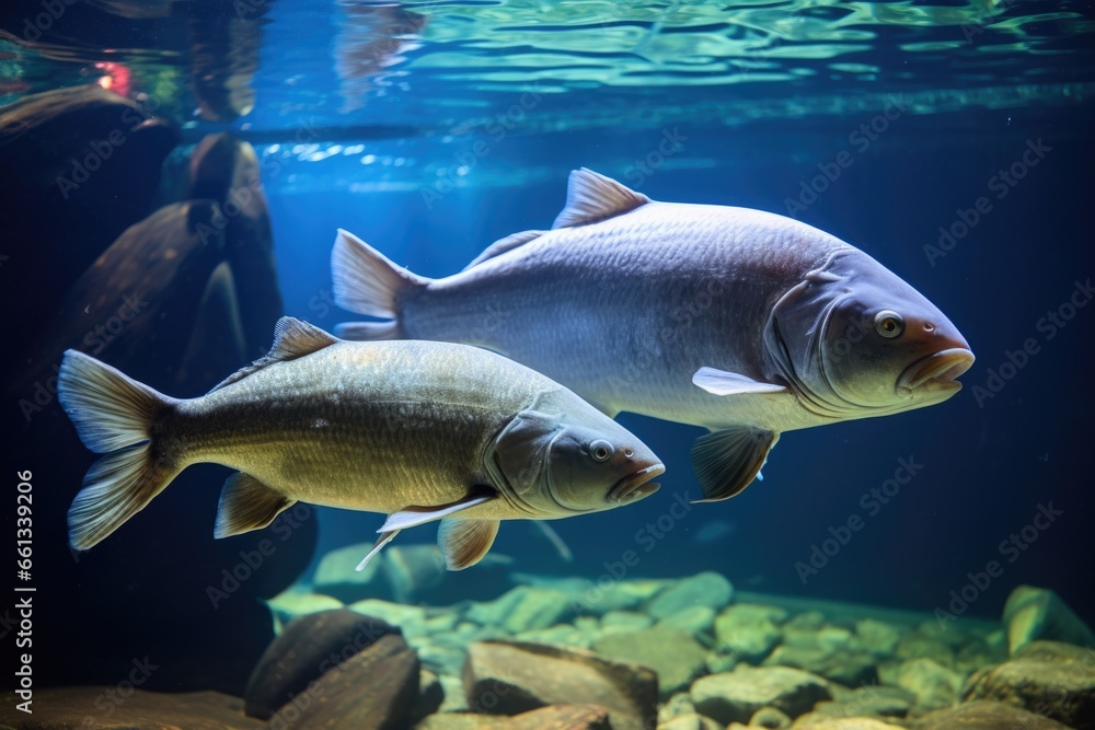a bigger fish feeding a smaller one in a fish tank a bigger fish feeding a smaller one in a fish tank