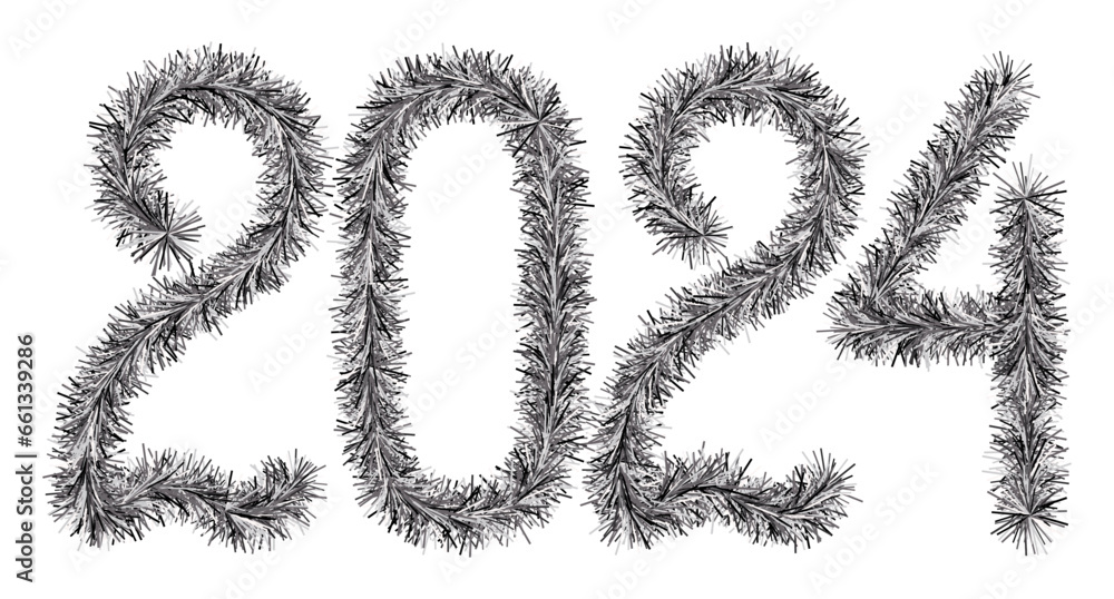 Tinsel. 2024. Lettering from a festive Christmas decoration. Fluffy numbers. Black color. Vector illustration. Isolated background. Cute plush message. The coming year. Rustling lettering. Tinsel. 2024. Lettering from a festive Christmas decoration. Fluffy numbers. Black color. Vector illustration. Isolated background. Cute plush message. The coming year. Rustling lettering.