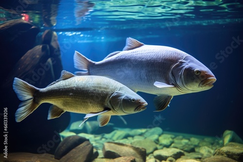 a bigger fish feeding a smaller one in a fish tank