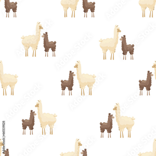 Seamless pattern with cute mother llama and baby on white background. Mother alpaca with baby alpaca. Creative kids, childish background. For textile, fabric, clothing, wrapping paper.