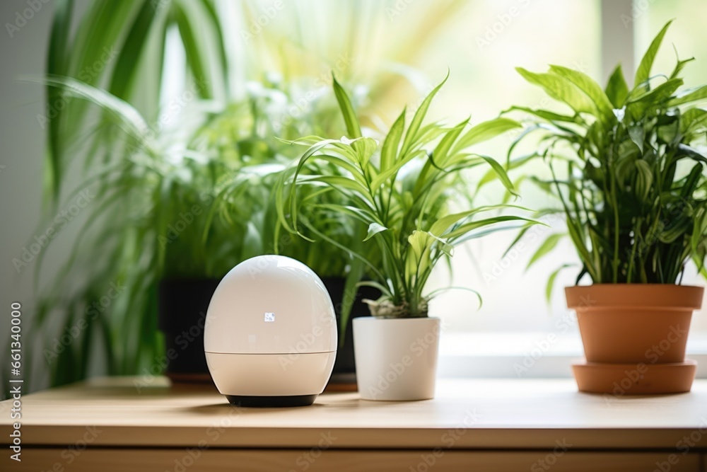 a smart thermostat against a backdrop of houseplants a smart thermostat against a backdrop of houseplants