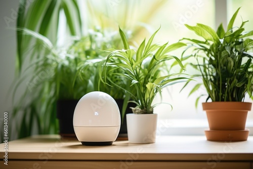 a smart thermostat against a backdrop of houseplants